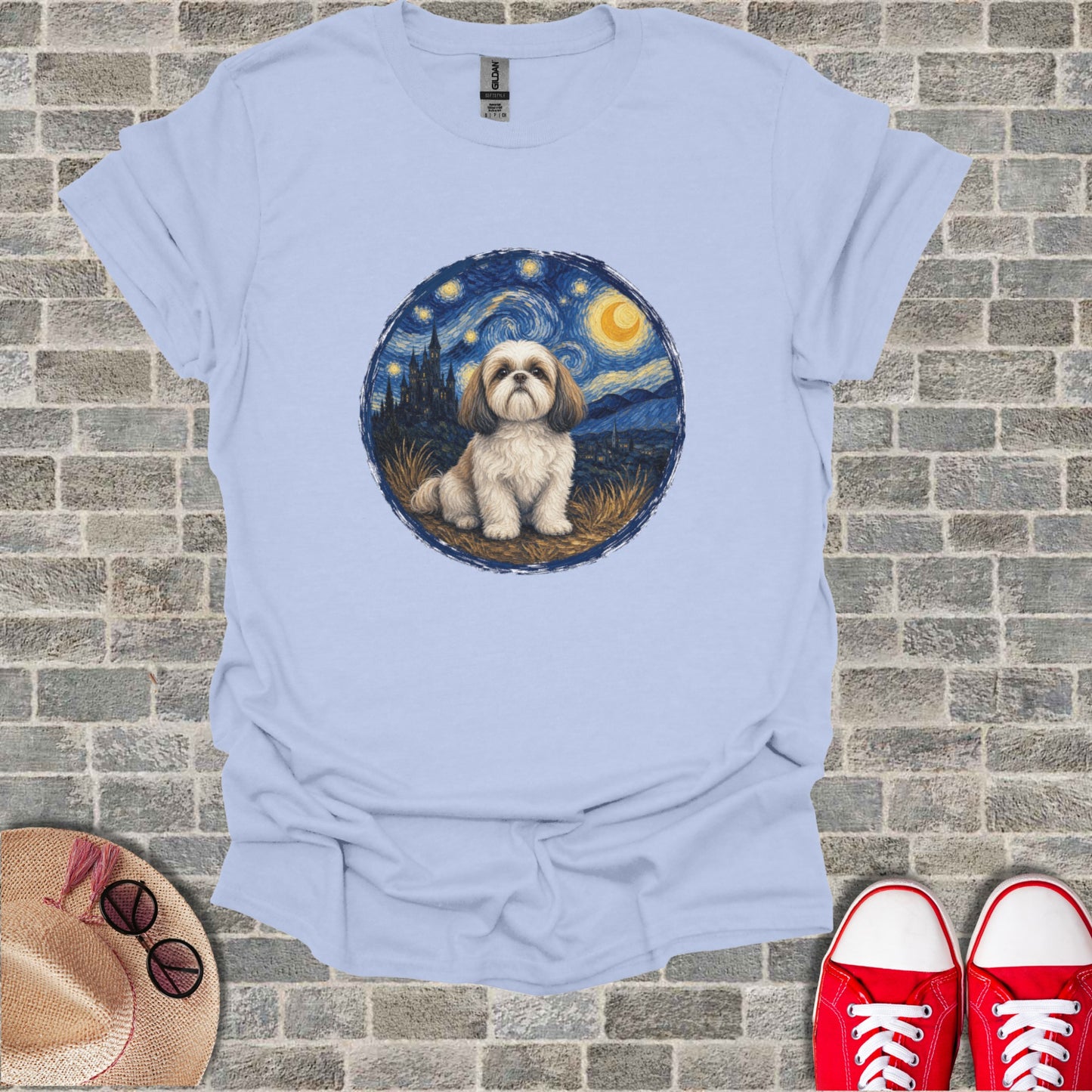 Shih Tzu dog sitting in a starry night landscape.