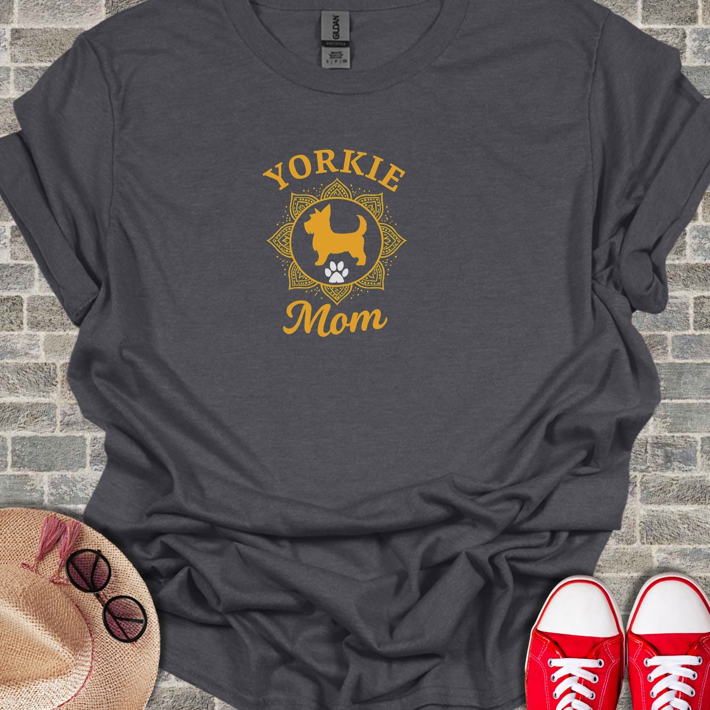 Dark grey t-shirt with "Yorkie Mom" text and mandala design.