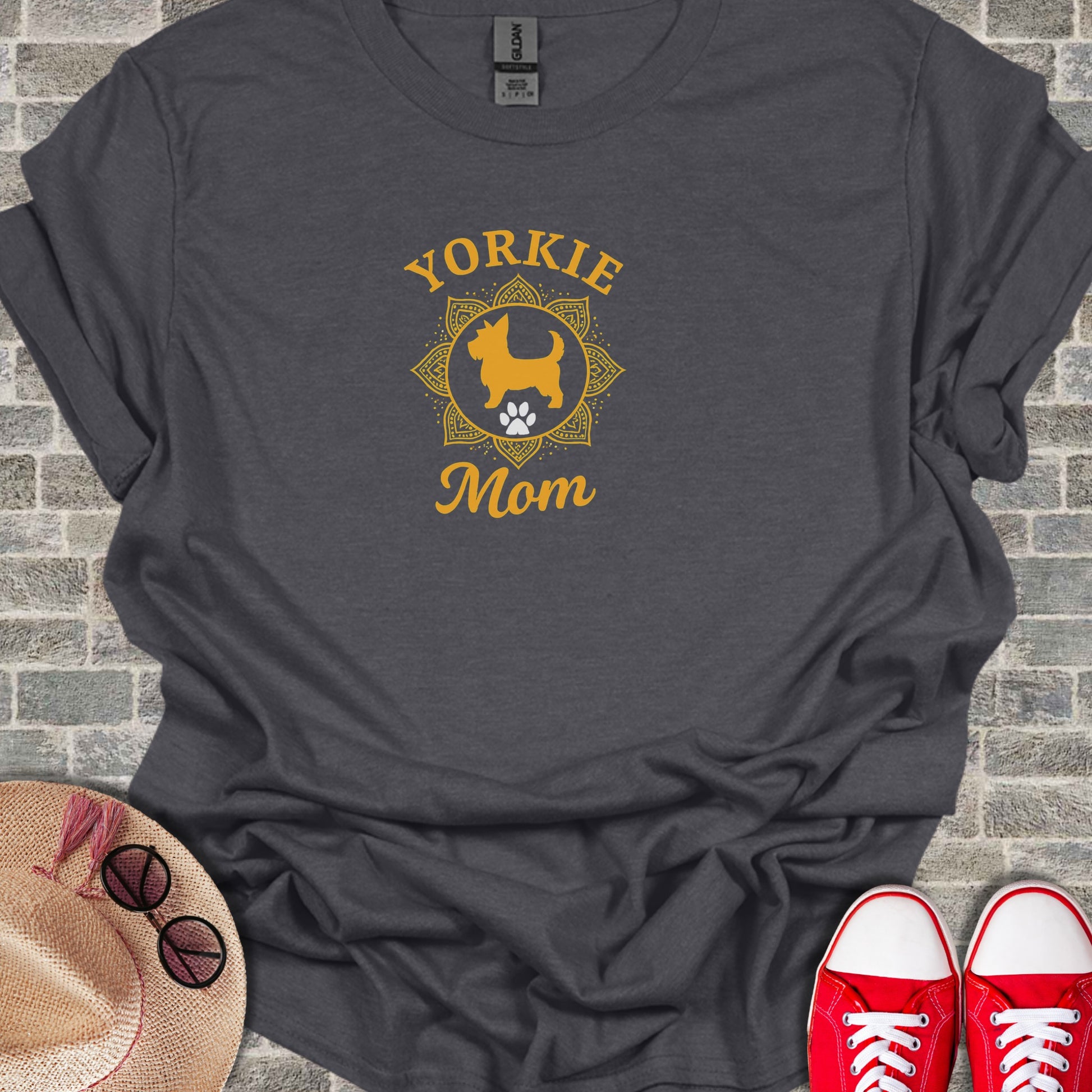 Dark grey t-shirt with "Yorkie Mom" text and mandala design.