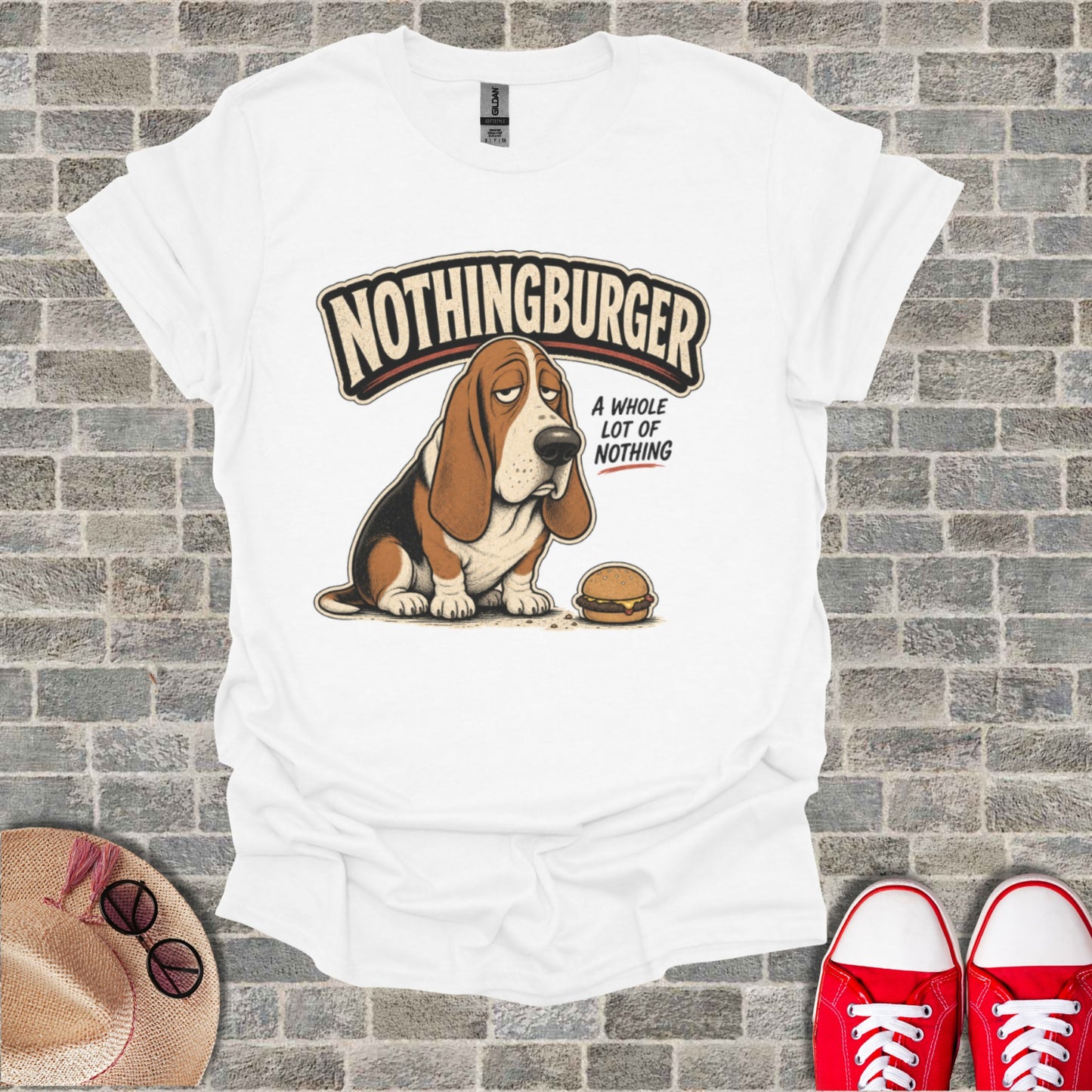 White t-shirt with cartoon basset hound and "Nothingburger" text.