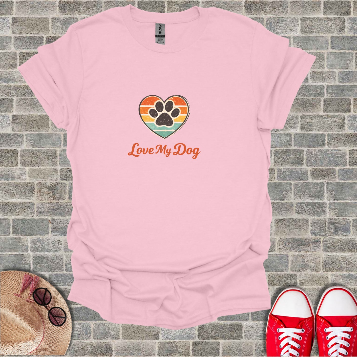 Pink Love My Dog Paw Print Heart Graphic Tee product type