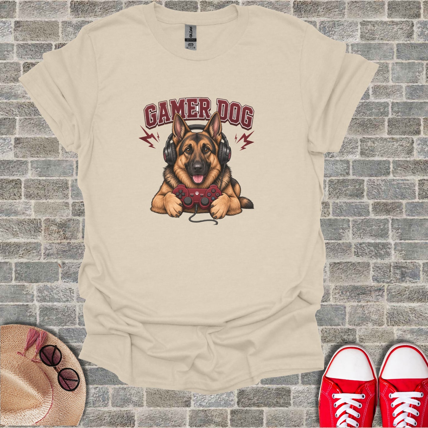 German Shepherd dog wearing headphones and holding a video game controller.