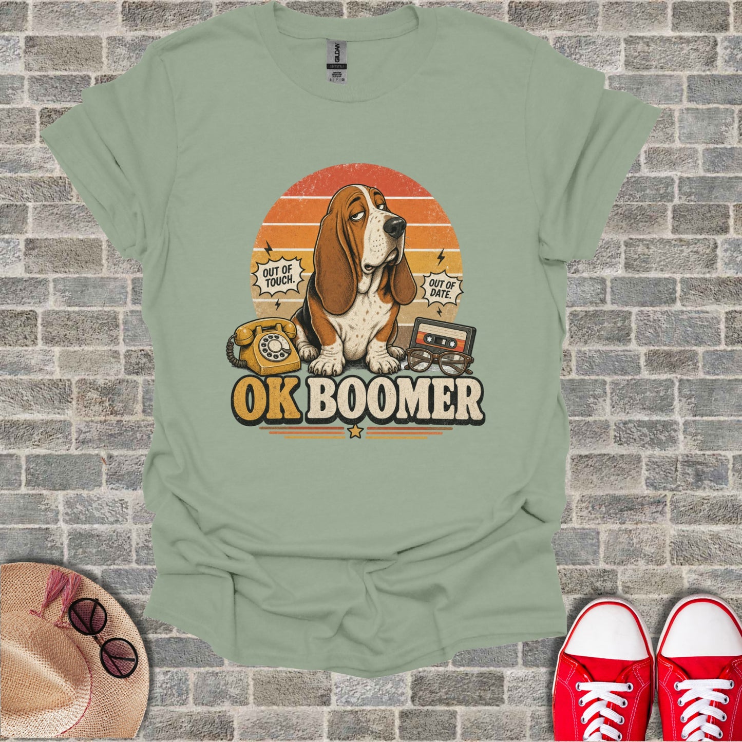 Basset hound wearing headphones with "OK BOOMER" text and vintage items.