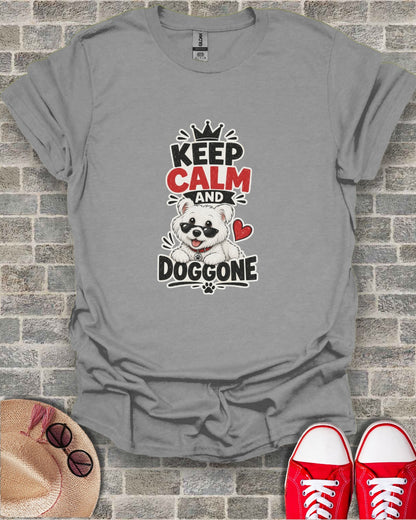 Gray t-shirt with "Keep Calm and Doggone" text and a cartoon dog illustration.