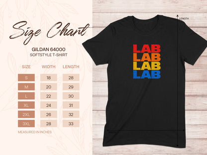 Gildan 64000 size chart for softstyle t-shirt with LAB graphic.
