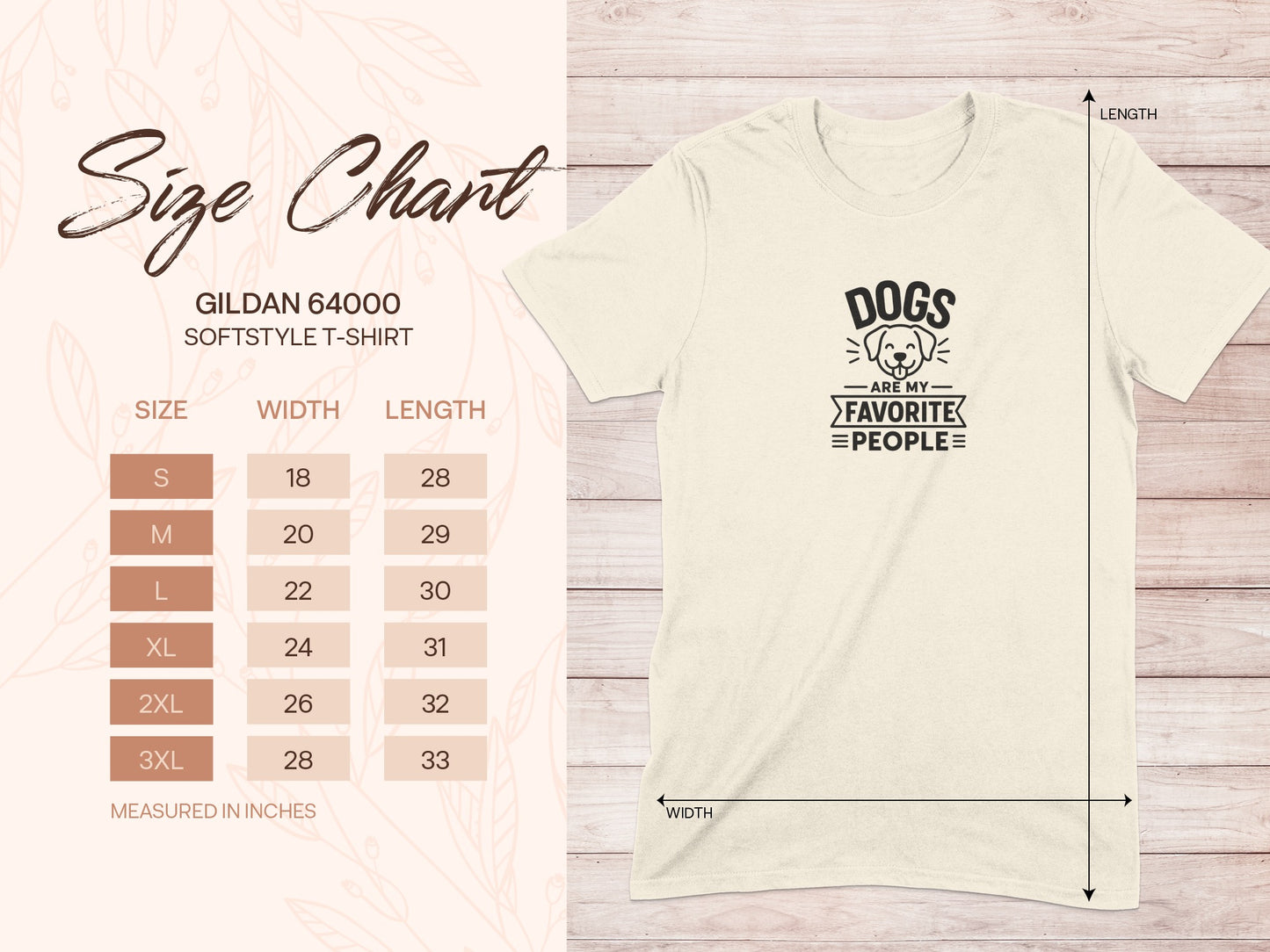 Gildan 64000 size chart for Softstyle T-shirt with dog graphic.