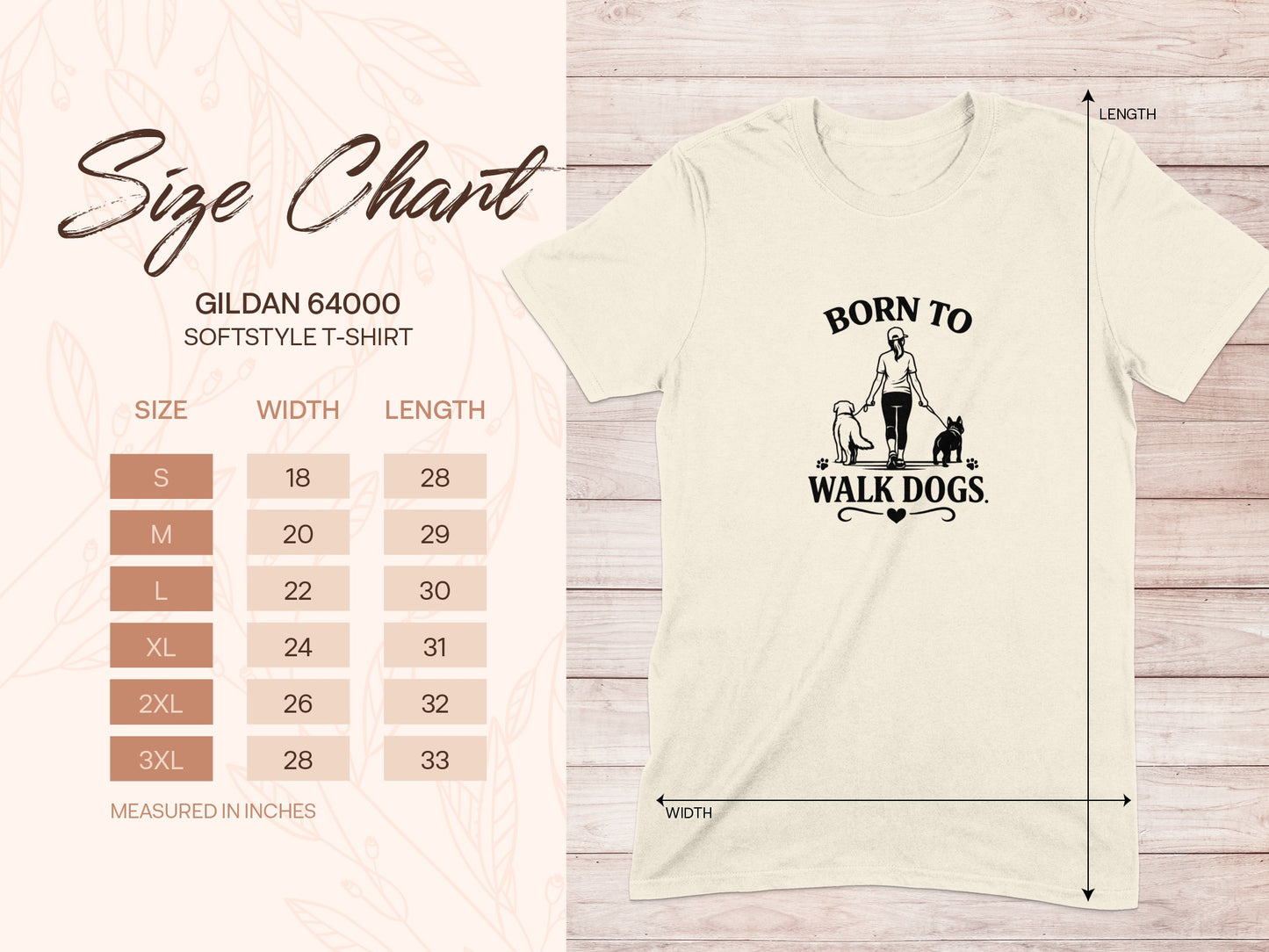 Gildan 64000 Softstyle T-Shirt size chart with dog walking graphic.