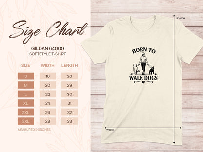 Gildan 64000 Softstyle T-Shirt size chart with dog walking graphic.