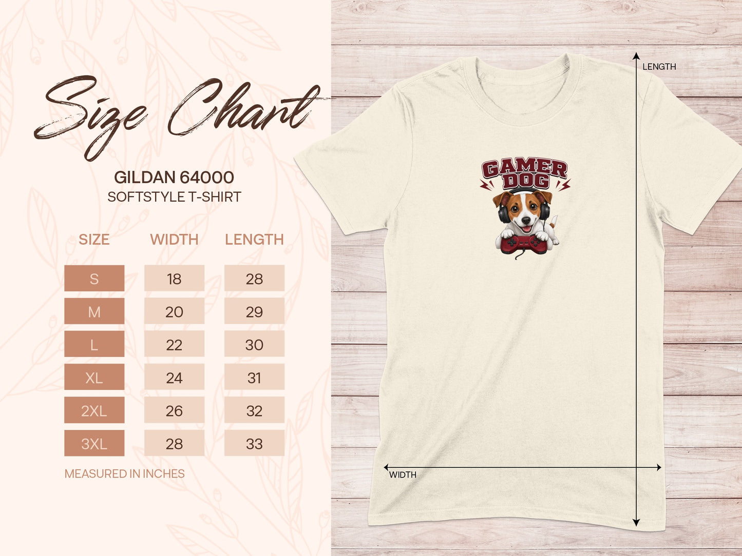 Gildan 64000 t-shirt size chart with gamer dog graphic.