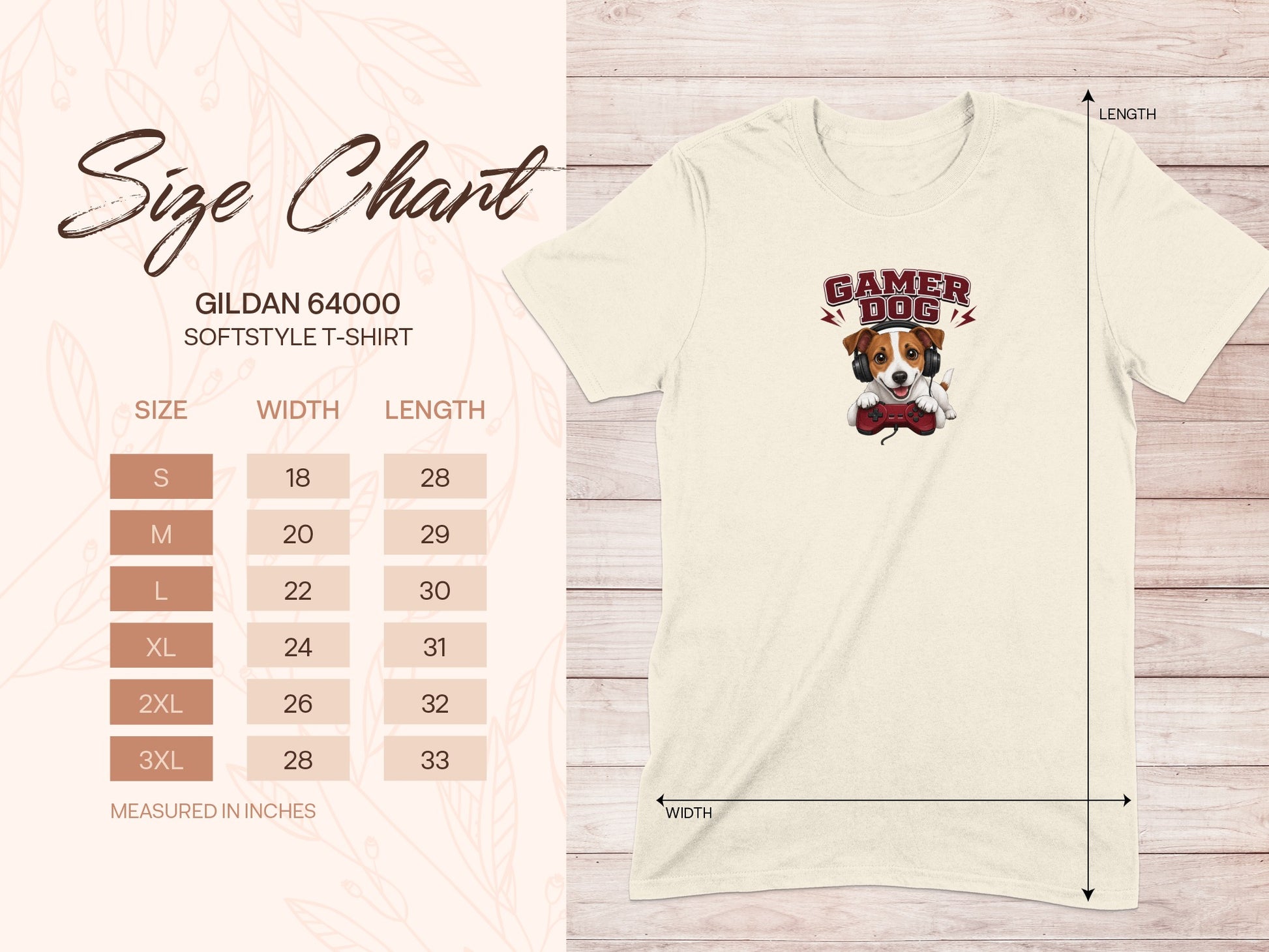 Gildan 64000 t-shirt size chart with gamer dog graphic.