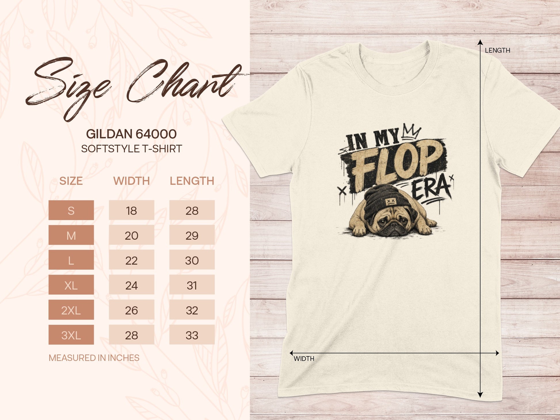 Gildan 64000 softstyle t-shirt size chart with pug graphic.