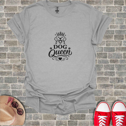 Gray t-shirt with "Dog Queen" text and a crowned dog illustration.