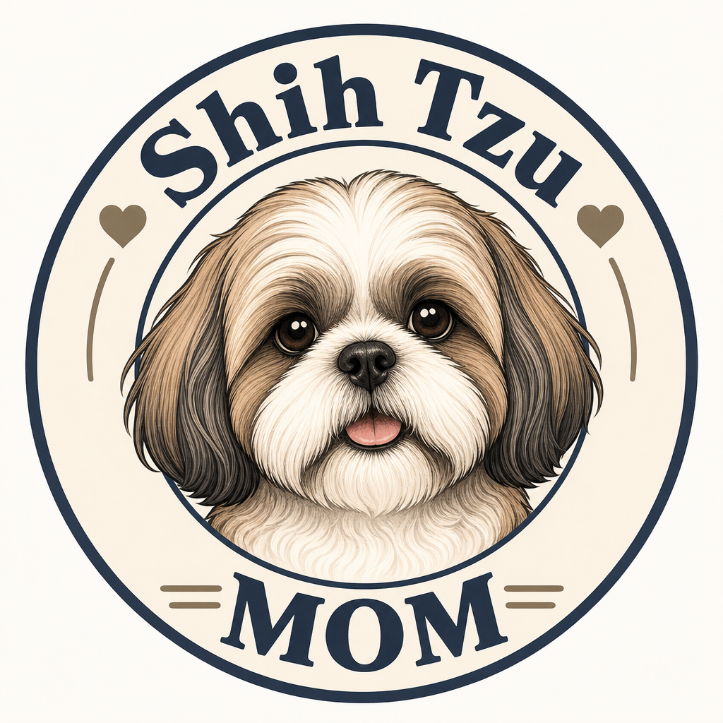 Shih Tzu Mom text on circular emblem with dog portrait