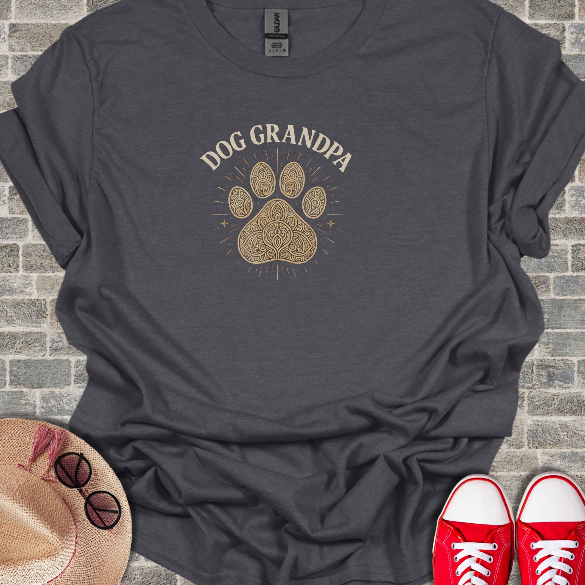 Gray t-shirt with "DOG GRANDPA" and paw print design.