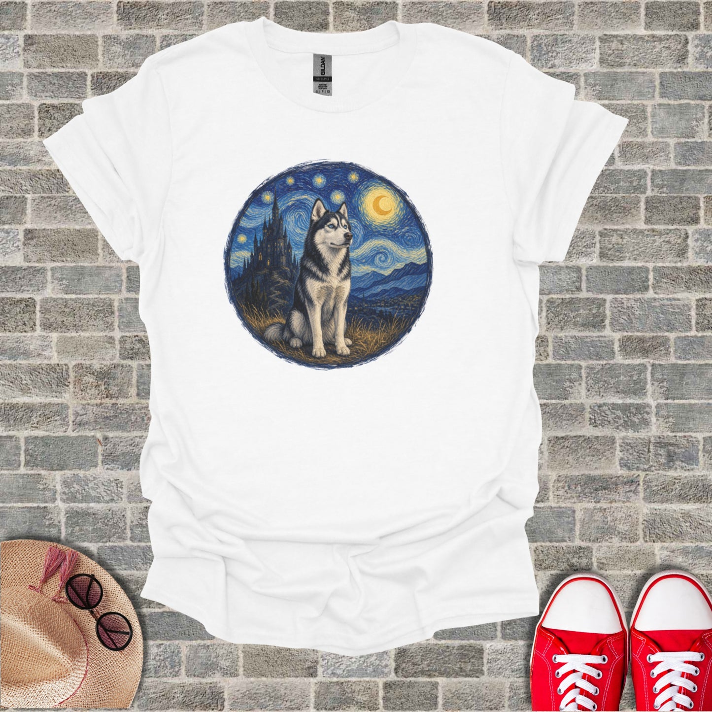 White t-shirt with husky sitting under a starry night sky.