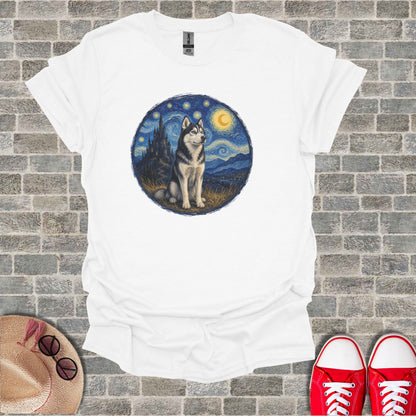 White t-shirt with husky sitting under a starry night sky.