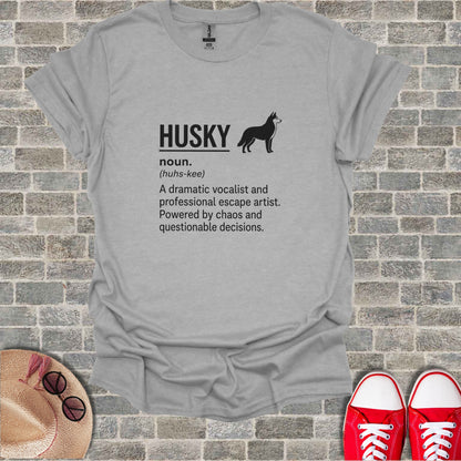 Gray t-shirt with "HUSKY" text, husky silhouette, and definition.