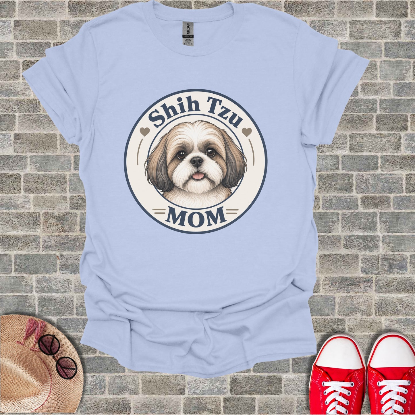 Light blue t-shirt with Shih Tzu dog and "MOM" text in a circle.