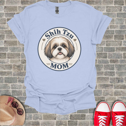 Light blue t-shirt with Shih Tzu dog and "MOM" text in a circle.
