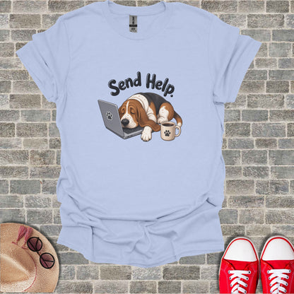 T-shirt with a dog sleeping on a laptop with "Send Help" text.