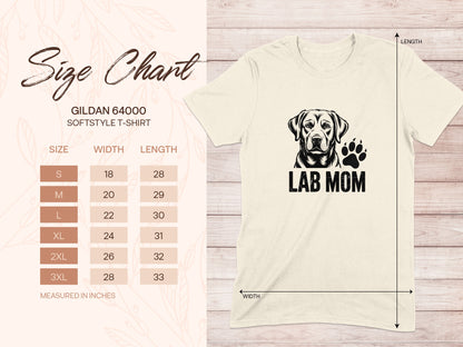 Gildan 64000 softstyle t-shirt size chart with "Lab Mom" graphic.