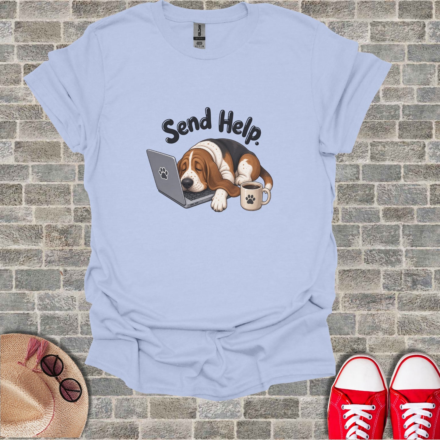 T-shirt with cartoon dog sleeping on laptop, "Send Help" text.