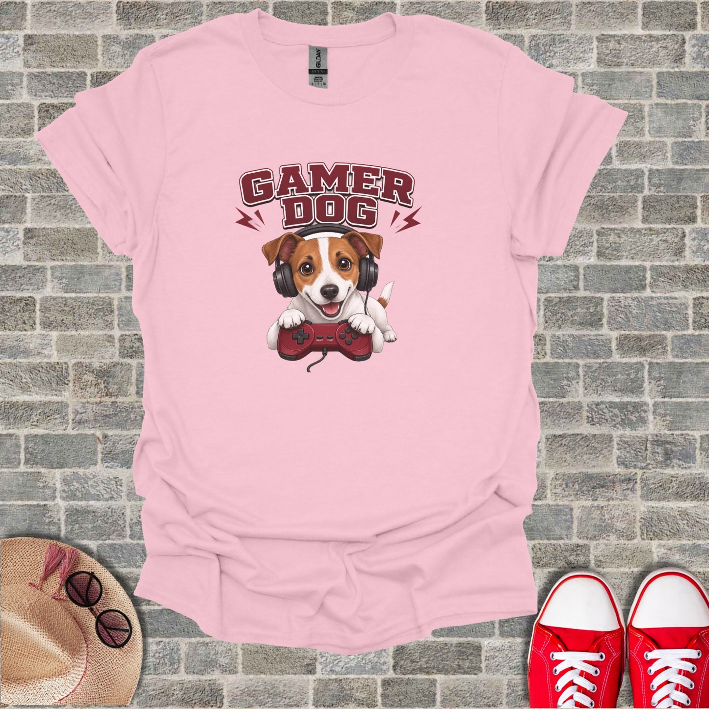 Pink t-shirt with "Gamer Dog" text and a dog wearing headphones playing a video game.