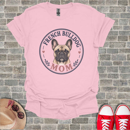 Pink t-shirt with a French Bulldog illustration and the word "MOM"