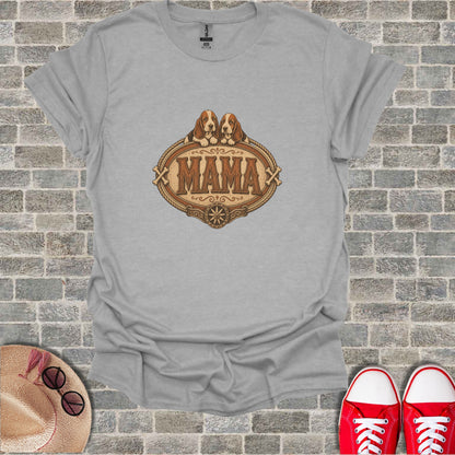 Grey t-shirt with two dogs on a "Mama" emblem.