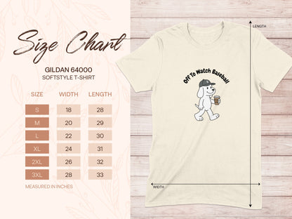 Gildan 64000 size chart with cartoon dog and baseball text.
