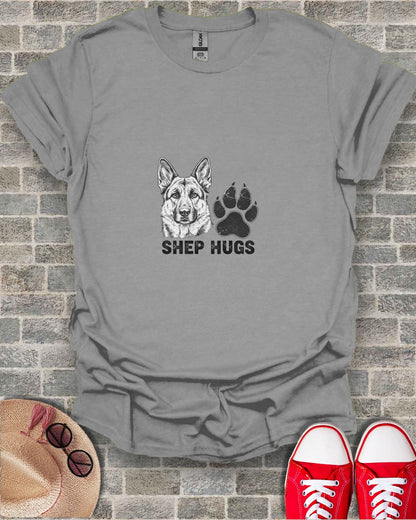 T-shirt with German Shepherd head and paw print graphic.