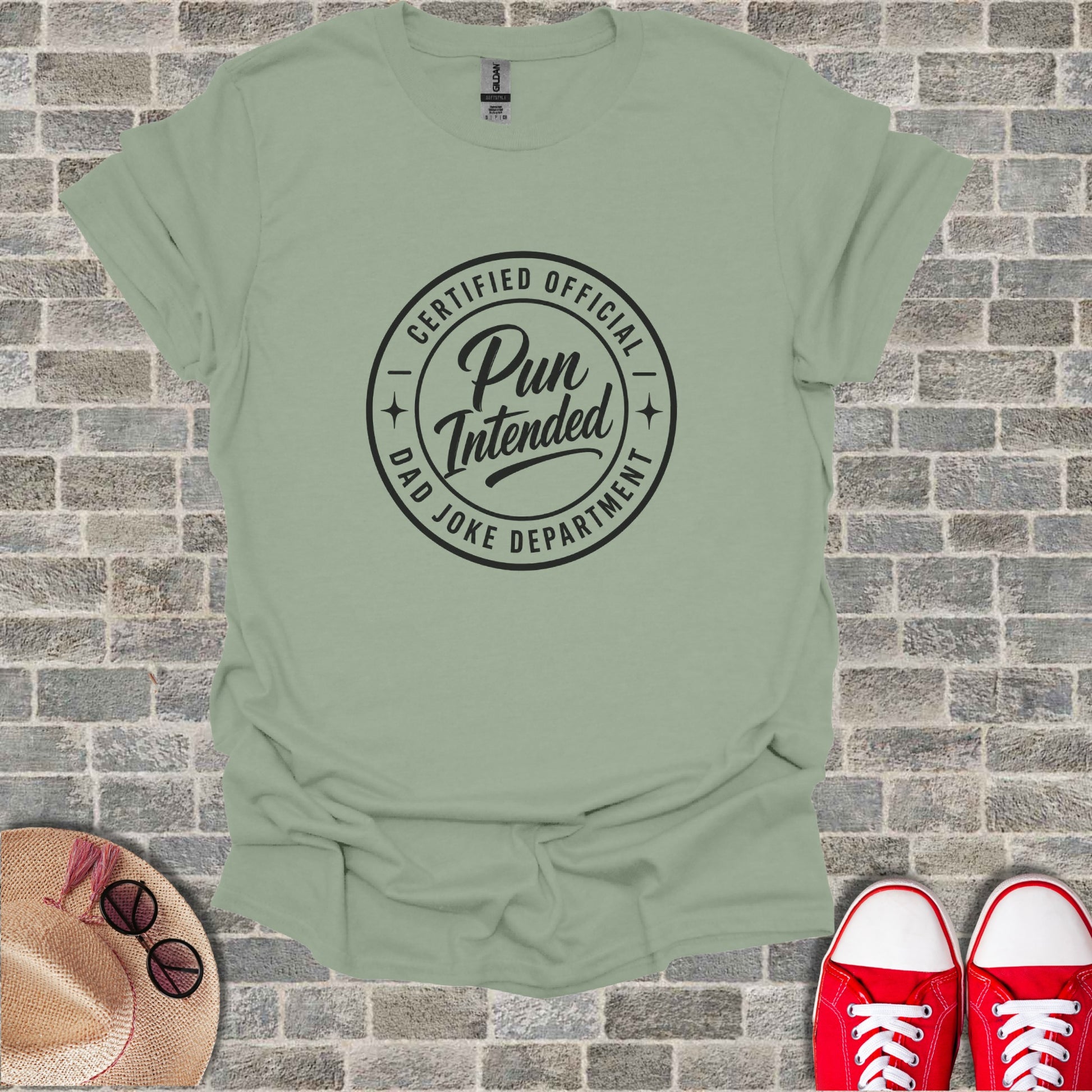 Light green t-shirt with "Certified Official Pun Intended Dad Joke Department" text.