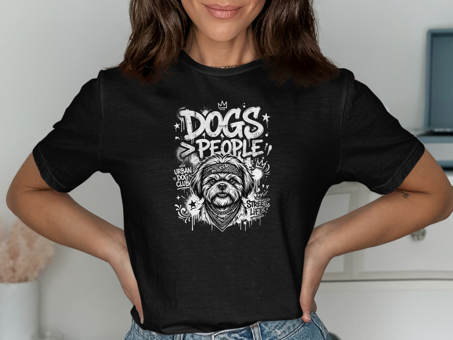Black t-shirt with distressed graphic of a dog wearing a bandana and crown.
