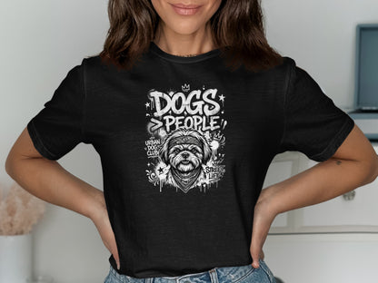 Black t-shirt with distressed graphic of a dog wearing a bandana and crown.