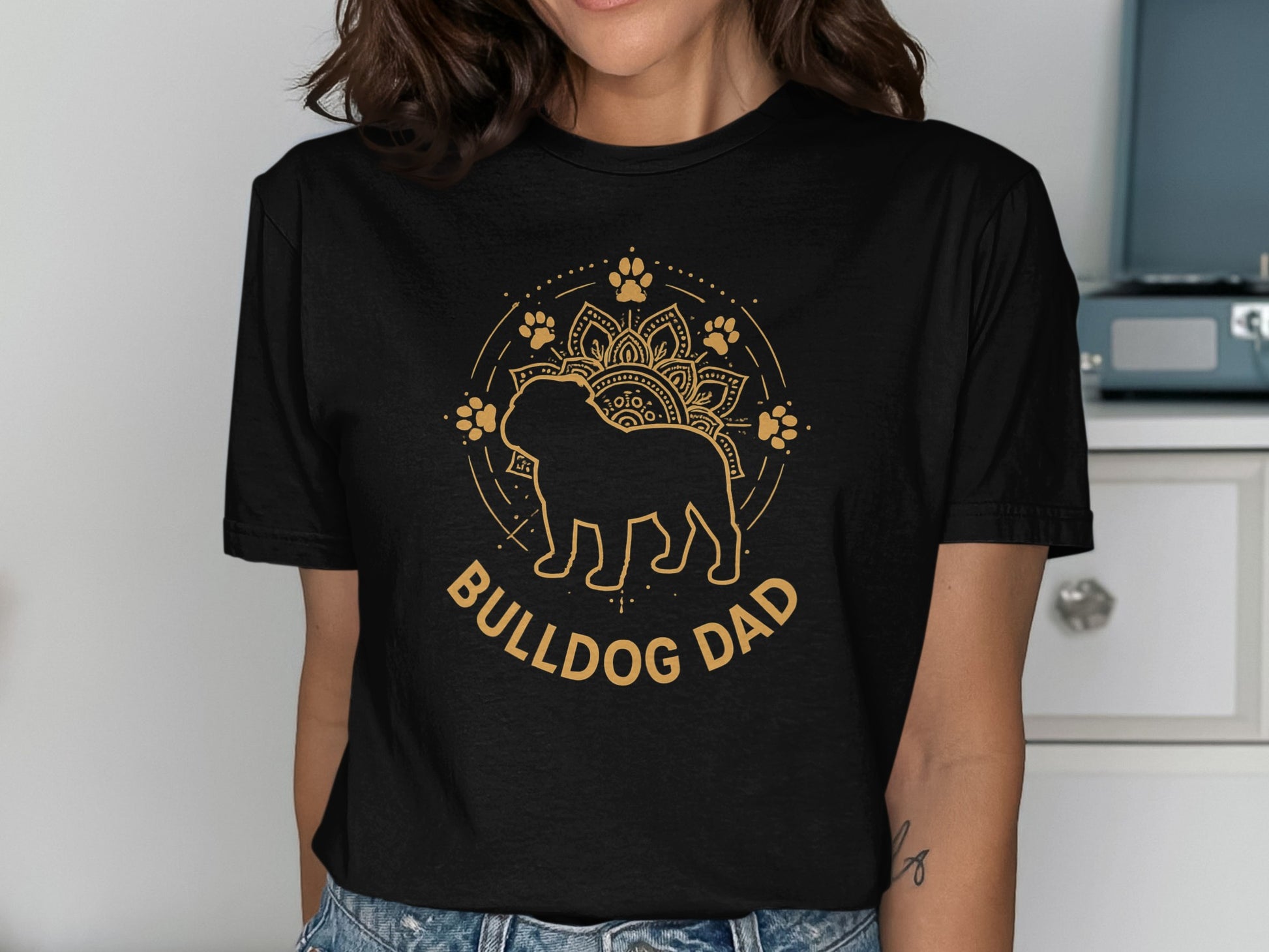 Bulldog Dad T-Shirt with Paw and Mandala Design