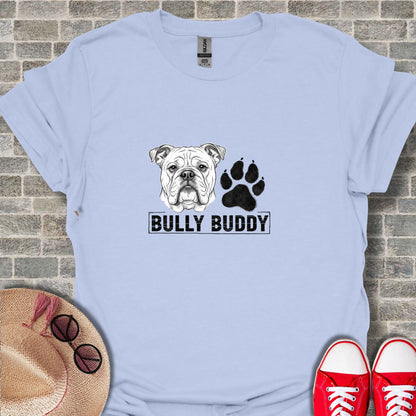 Light blue t-shirt with bulldog graphic and "BULLY BUDDY" text.