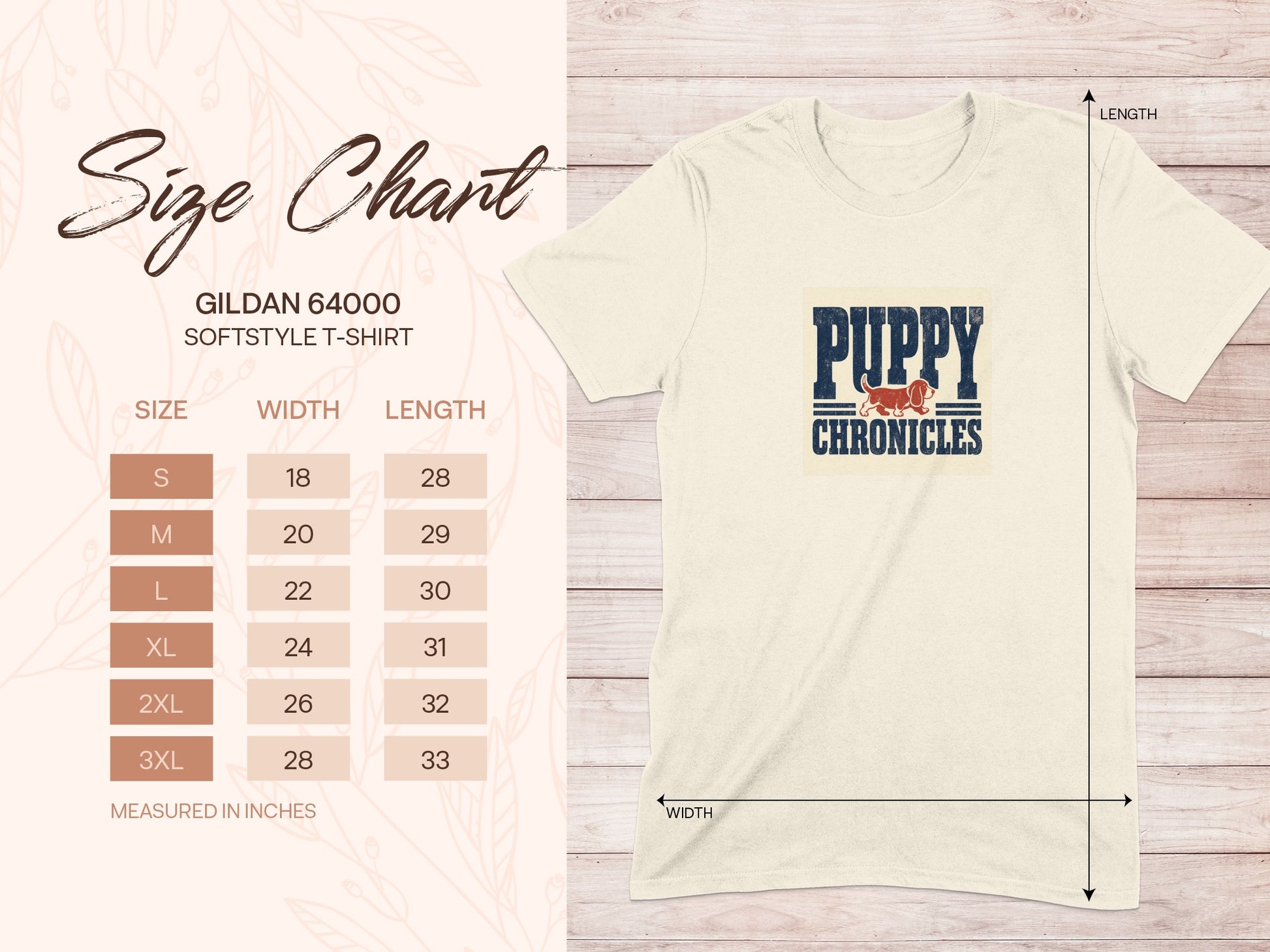 Gildan 64000 Softstyle t-shirt size chart with Puppy Chronicles graphic.