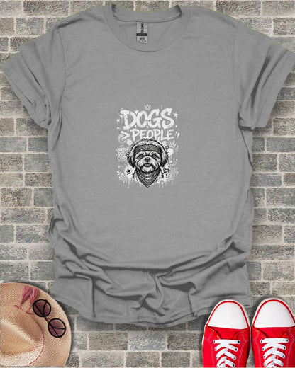 Gray t-shirt with distressed "Dogs People Street Life" graphic on front.