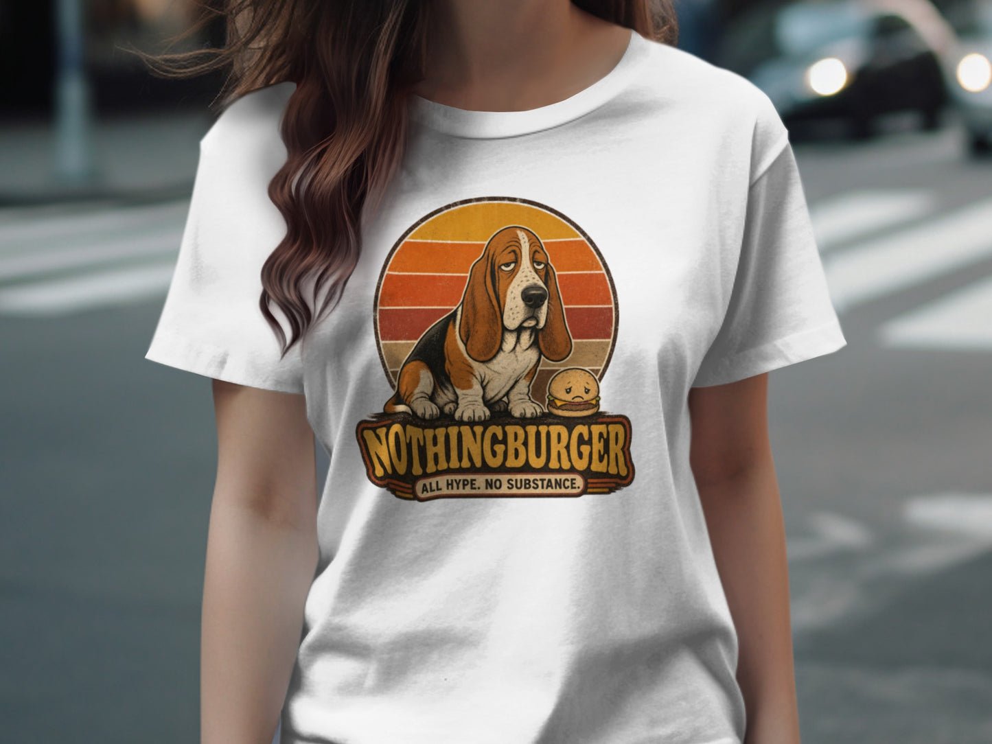 Basset hound with a hamburger on a "NothingBurger" sign.