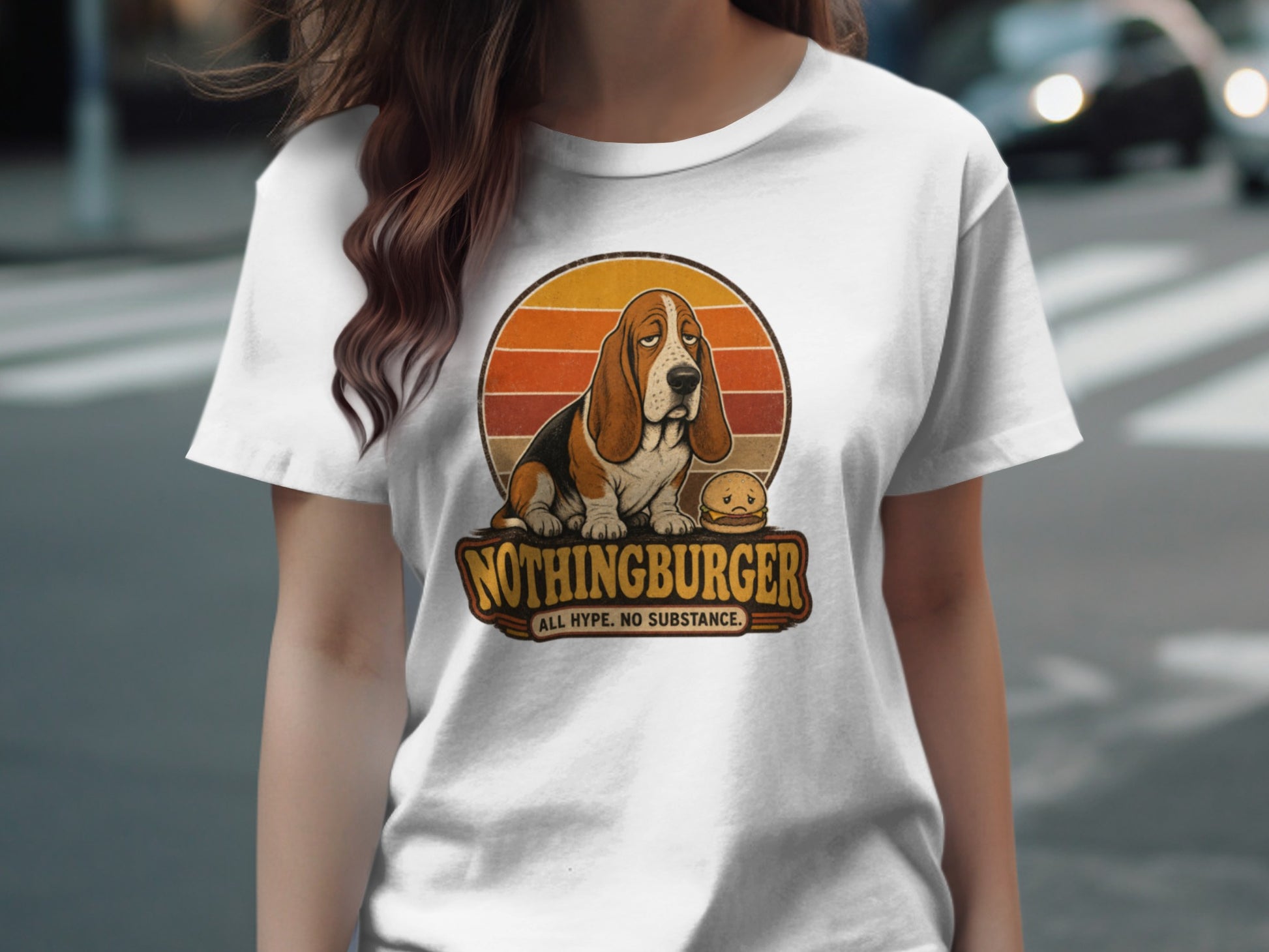 Basset hound with a hamburger on a "NothingBurger" sign.