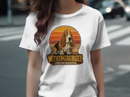 Basset hound with a hamburger on a "NothingBurger" sign.