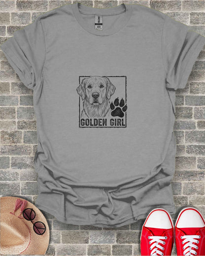 Gray t-shirt with "Golden Girl" and paw print graphic.