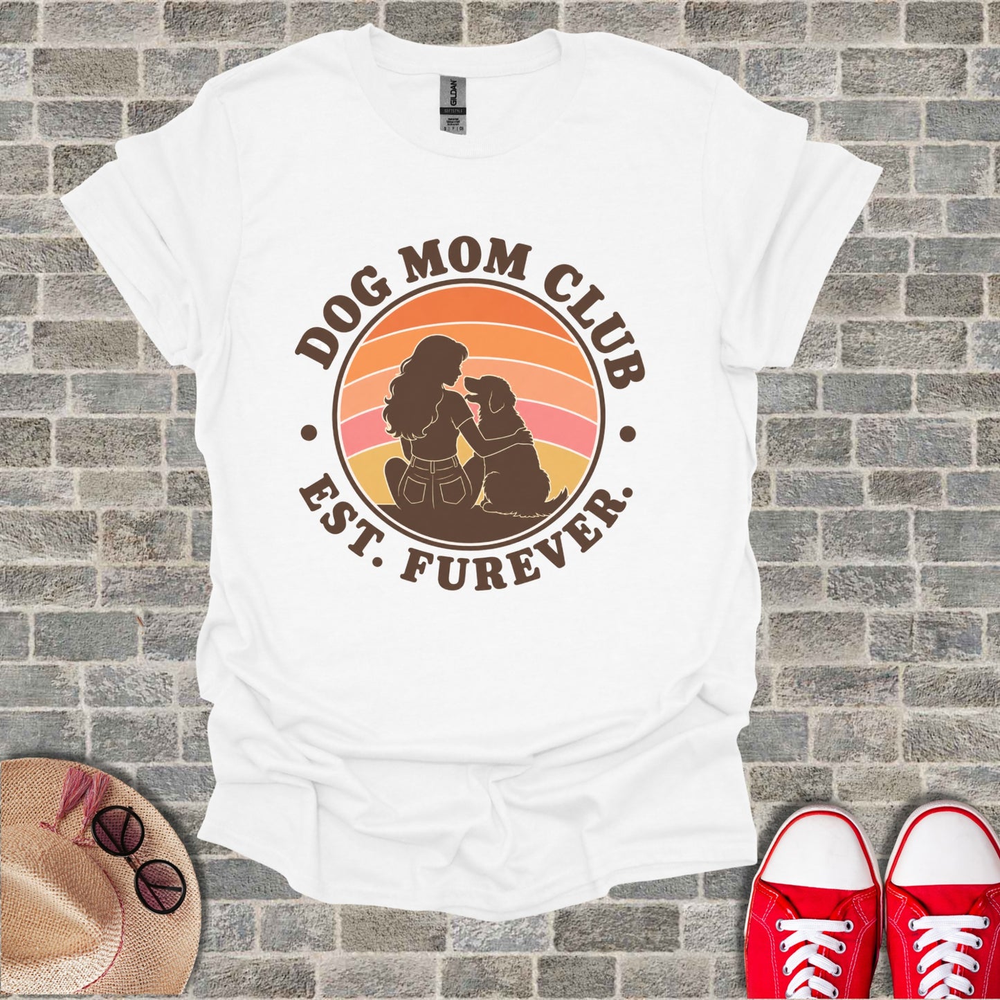 White t-shirt with "DOG MOM CLUB EST. FUREVER" graphic featuring a woman and dog.