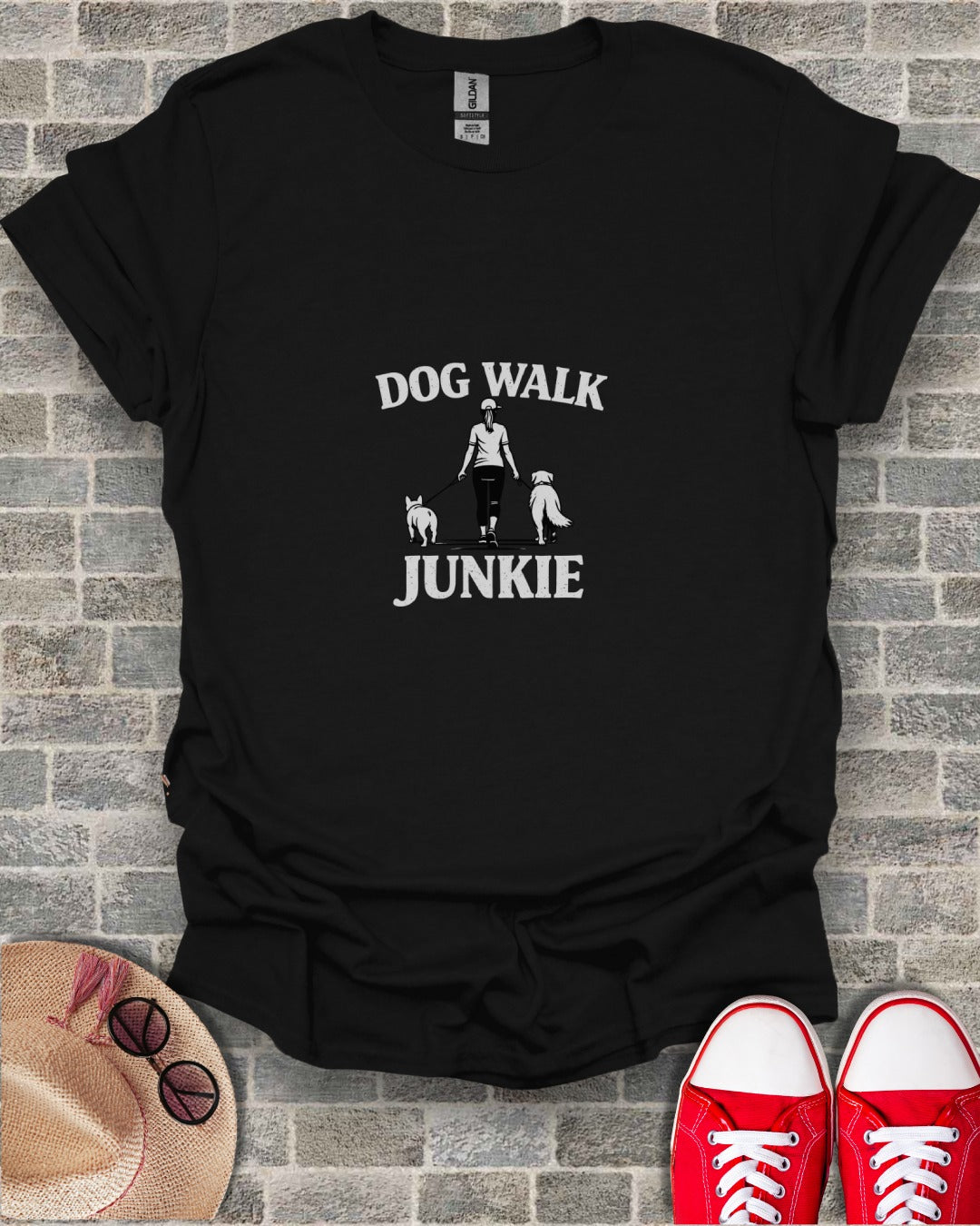 Black t-shirt with "Dog Walk Junkie" text and silhouette of person walking two dogs.
