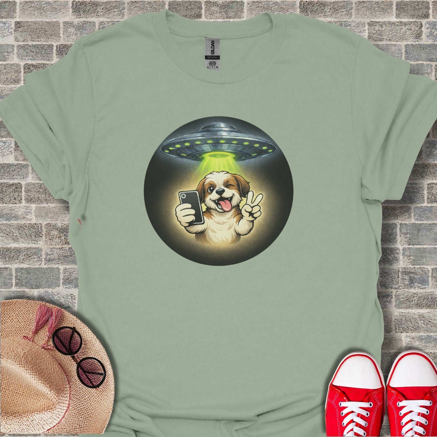 Adorable Dog Alien Abduction Selfie Graphic T-shirt