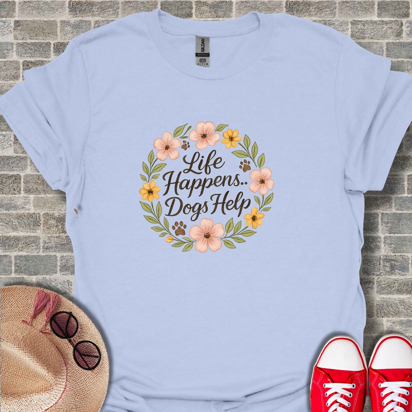 Life Happens Dogs Help Floral Graphic Tee Shirt