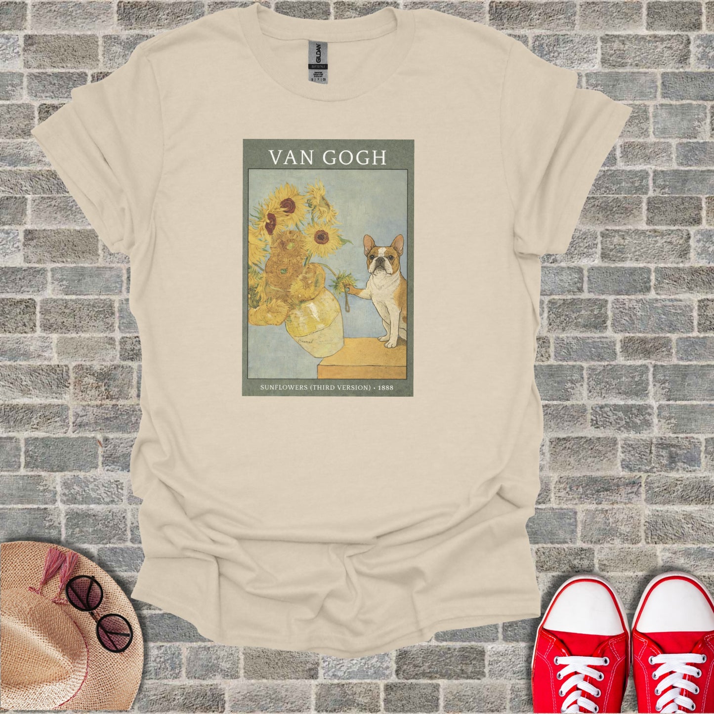 Van Gogh's Sunflowers painting with a French bulldog and text.