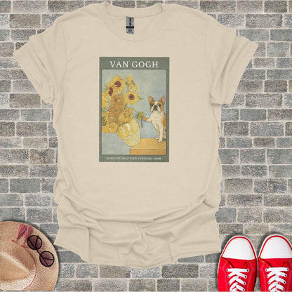 Van Gogh's Sunflowers painting with a French bulldog and text.