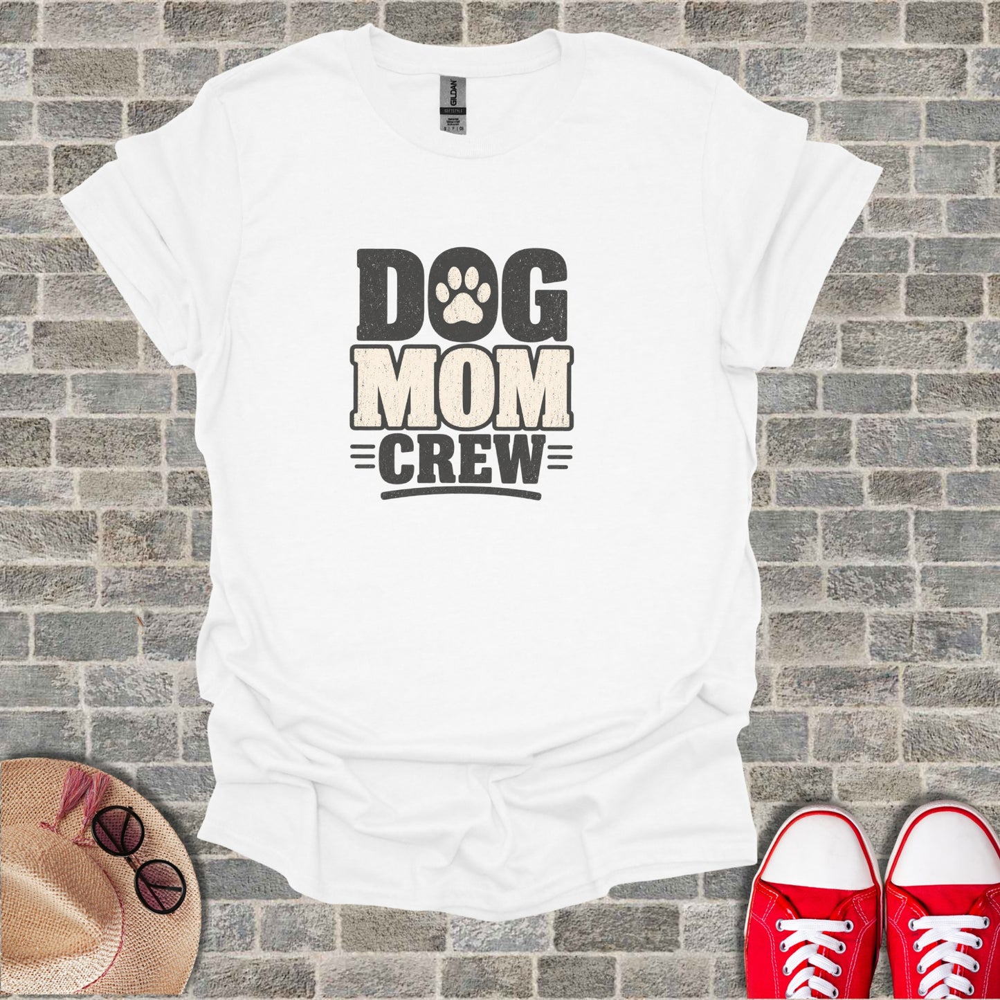 White t-shirt with "Dog Mom Crew" graphic.