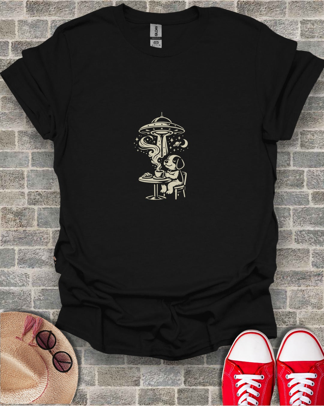 Dog Enjoying Coffee Under UFO Graphic T-Shirt